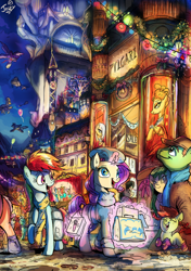 Size: 602x854 | Tagged: safe, artist:jowyb, big macintosh, fluttershy, rainbow dash, rarity, toe-tapper, torch song, oc, earth pony, pegasus, pony, unicorn, canterlot, christmas, clothes, male, ponytones, ponytones outfit, scarf, scenery, scenery porn, shopping, stallion