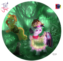 Size: 820x803 | Tagged: safe, artist:jowyb, applejack, twilight sparkle, twilight sparkle (alicorn), alicorn, earth pony, pony, clothes, female, forest, jungle, knife, lesbian, mare, mouth hold, shipping, twijack