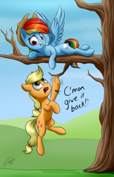 Size: 1915x2952 | Tagged: safe, artist:deltauraart, applejack, rainbow dash, earth pony, pegasus, pony, accessory theft, applejack's hat, cowboy hat, grin, hat, jumping, prone, smiling, smug, tree, tree branch, underhoof