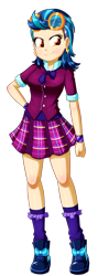 Size: 604x1696 | Tagged: safe, artist:the-butch-x, indigo zap, equestria girls, breasts, clothes, crystal prep academy uniform, crystal prep shadowbolts, ear piercing, earring, female, goggles, hand on hip, jewelry, piercing, plaid skirt, school uniform, simple background, skirt, smiling, sneakers, socks, solo, transparent background