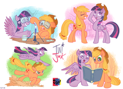 Size: 1132x824 | Tagged: safe, artist:jowyb, applejack, twilight sparkle, twilight sparkle (alicorn), alicorn, earth pony, pony, accessory swap, book, bunsen burner, experiment, female, flying, fsjal, goggles, lesbian, mare, reading, running, shipping, twijack