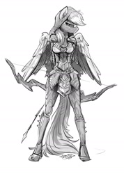 Size: 1400x1962 | Tagged: safe, artist:fidzfox, rainbow dash, anthro, pegasus, archer dash, armor, armor skirt, bow (weapon), breasts, clothes, female, looking at you, mare, monochrome, rainboob dash, simple background, skirt, skyrim, solo, the elder scrolls, white background