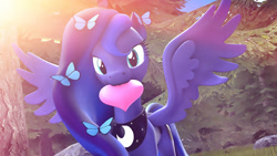 Size: 1200x675 | Tagged: safe, artist:loveslove, princess luna, alicorn, butterfly, pony, 3d, cute, female, forest, heart, jewelry, looking at you, lunabetes, mare, mouth hold, regalia, solo, source filmmaker, spread wings, tree, wings
