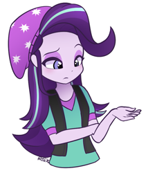 Size: 635x741 | Tagged: safe, artist:puetsua, starlight glimmer, equestria girls, mirror magic, spoiler:eqg specials, beanie, clothes, cute, glimmerbetes, hat, lidded eyes, shirt, simple background, solo, vest