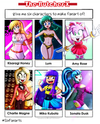 Size: 1220x1510 | Tagged: safe, artist:the-butch-x, sonata dusk, anthro, human, equestria girls, :d, amy rose, breasts, charlie magne, cleavage, clothes, crossover, cute, cutey honey, female, glitch techs, hazbin hotel, honey kisaragi, lum invader, miko kubota, minidress, open mouth, six fanarts, smiling, sonatabetes, sonic the hedgehog (series), taco dress, urusei yatsura