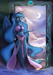Size: 1556x2200 | Tagged: safe, artist:fidzfox, derpibooru import, princess luna, alicorn, anthro, plantigrade anthro, 2017, :3, absolute cleavage, adorasexy, ankle bracelet, anklet, barefoot, beautiful, beautisexy, bedroom eyes, belly button, boob window, breasts, cleavage, clothes, cloud, come hither, commission, constellation, crescent moon, cute, dream walker luna, feet, female, goddess, hand behind back, jewelry, legs, loincloth, looking at you, mare, midriff, moon, portal, princess balloona, seductive, sexy, skimpy outfit, smiling, smiling at you, solo, solo female, spread wings, stupid sexy princess luna, tiptoe, toes, wide hips, wings