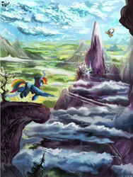 Size: 698x929 | Tagged: safe, artist:jowyb, rainbow dash, pegasus, pony, airship, canterlot, canterlot mountain, cloud, cloudy, flying, mountain, peak, rain, scenery, solo