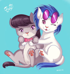 Size: 705x751 | Tagged: safe, artist:jowyb, dj pon-3, octavia melody, vinyl scratch, cat, pony, hug, looking at you, open mouth, species swap, vinyl cat, wink