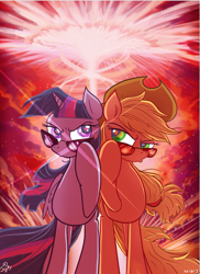 Size: 625x860 | Tagged: safe, artist:jowyb, applejack, twilight sparkle, twilight sparkle (alicorn), alicorn, earth pony, pony, explosion, female, lesbian, mare, shipping, sunglasses, twijack