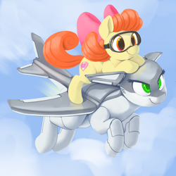 Size: 3000x3000 | Tagged: safe, artist:dimfann, apple bloom, oc, oc:ruffle, earth pony, original species, plane pony, pony, :t, bow, cloud, cute, duo, female, filly, flying, gift art, glare, goggles, hair bow, leaning, plane, ponies riding ponies, riding, sky, smiling, smirk