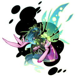 Size: 4068x4057 | Tagged: safe, artist:taiga-blackfield, princess cadance, queen chrysalis, alicorn, changeling, changeling queen, pony, absurd resolution, character to character, crown, digital art, disguise, disguised changeling, fake cadance, female, fungus, hoof fluff, jewelry, large wings, magic, mare, regalia, simple background, smiling, solo, spread wings, teeth, transformation, transparent background, wings