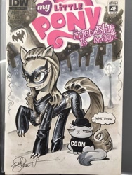Size: 768x1024 | Tagged: safe, artist:andypriceart, opalescence, earth pony, pony, batman, catwoman, female, julie newmar, mare, ponified, traditional art