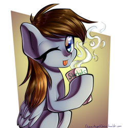 Size: 2000x2000 | Tagged: safe, artist:chaosangeldesu, oc, oc only, pegasus, pony, :p, coffee, female, mare, one eye closed, simple background, solo, tongue out, wink
