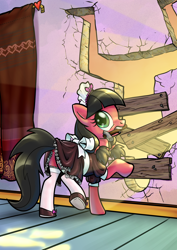 Size: 1280x1810 | Tagged: safe, artist:pencils, oc, oc only, oc:macdolia, earth pony, pony, comic:anon's pie adventure, clothes, colored pupils, comic, cropped, cute, dock, female, french maid, hammer, looking back, maid, maid headdress, mare, mouth hold, pigtails, property damage, raised hoof, shoes, socks, stockings, thigh highs, twintails