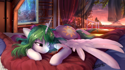 Size: 1920x1080 | Tagged: safe, artist:discordthege, princess celestia, alicorn, pony, bed, bedroom, cute, cutelestia, female, mare, missing accessory, one eye closed, prone, smiling, solo, tablet