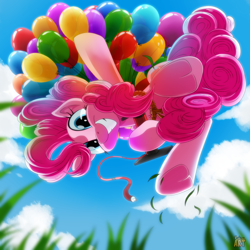 Size: 1500x1500 | Tagged: safe, artist:ruhisu, pinkie pie, earth pony, pony, balloon, cloud, floating, grass, grin, looking at you, looking down, ponk, sky, smiling, then watch her balloons lift her up to the sky, underhoof