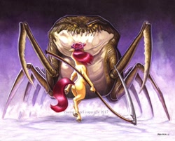 Size: 1024x823 | Tagged: safe, artist:baron engel, apple bloom, earth pony, pony, arm hooves, bipedal, bloom butt, bow, colored pencil drawing, confrontation, hair bow, monster, plot, rear view, scythe, traditional art, underhoof