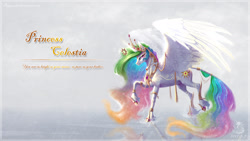 Size: 1920x1080 | Tagged: safe, artist:begasus, princess celestia, alicorn, classical unicorn, pony, bracelet, cloven hooves, crown, curved horn, eyeshadow, female, glowing horn, hoof shoes, horn, jewelry, large wings, leonine tail, levitation, looking at you, magic, makeup, mare, necklace, rain, raised hoof, raised leg, regalia, ripple, ripples, smiling, solo, spread wings, tail jewelry, tail ring, telekinesis, text, unshorn fetlocks, water, wing jewelry, wings