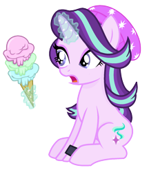 Size: 1348x1558 | Tagged: safe, artist:little903, starlight glimmer, pony, unicorn, equestria girls, mirror magic, spoiler:eqg specials, alternate hairstyle, base used, beanie, equestria girls ponified, food, hat, ice cream, magic, open mouth, ponified, simple background, solo, starry eyes, that pony sure does love ice cream, transparent background, wingding eyes