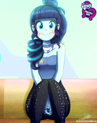 Size: 920x1160 | Tagged: safe, artist:the-butch-x, part of a set, coloratura, equestria girls, blushing, breasts, butch's hello, choker, cleavage, clothes, commission, cute, equestria girls logo, female, hello x, looking at you, nervous, rarabetes, signature, sitting, smiling, solo, sweat