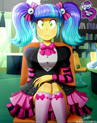 Size: 920x1160 | Tagged: safe, artist:the-butch-x, part of a set, pixel pizazz, equestria girls, rainbow rocks, butch's hello, clothes, confused, cute, dress, equestria girls logo, female, hello x, looking at you, pigtails, signature, sitting, skirt, skirt lift, socks, solo, twintails