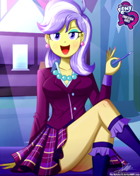 Size: 920x1160 | Tagged: safe, artist:the-butch-x, part of a set, upper crust, equestria girls, friendship games, adorasexy, ass, breasts, butch's hello, butt, cleavage, clothes, crossed legs, crystal prep academy uniform, cute, ear piercing, earring, equestria girls logo, female, hello x, jewelry, legs, looking at you, moe, nail polish, open mouth, pen, piercing, plaid skirt, pleated skirt, school uniform, schrödinger's pantsu, sexy, signature, sitting, skirt, skirt lift, solo, thighs, upper butt, upskirt denied