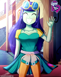 Size: 920x1160 | Tagged: safe, artist:the-butch-x, part of a set, blueberry cake, equestria girls, background human, boots, breasts, busty blueberry cake, butch's hello, canterlot high, cleavage, clothes, cute, equestria girls logo, eyes closed, female, hello x, motion blur, shoes, signature, sitting, smiling, solo, sunglasses, waving