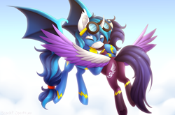 Size: 4082x2688 | Tagged: safe, artist:scarlet-spectrum, oc, oc only, alicorn, bat pony, bat pony alicorn, pony, absurd resolution, clothes, commission, costume, female, flying, hug, male, mare, oc x oc, shadowbolts, shadowbolts costume, shipping, smiling, stallion, uniform, wonderbolts uniform