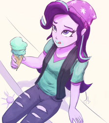 Size: 900x1015 | Tagged: safe, artist:raikoh, starlight glimmer, equestria girls, mirror magic, spoiler:eqg specials, beanie, clothes, food, hat, ice cream, licking, licking lips, sitting, solo, that human sure does love ice cream, tongue out, two scoops