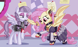 Size: 8217x5034 | Tagged: safe, artist:docwario, fluttershy, inky rose, bat pony, pegasus, pony, honest apple, absurd resolution, carousel boutique, clothes, dress, duo, female, flutterbat, gothic lolita, mare, mouth hold, race swap, raised hoof, smiling