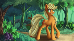 Size: 5120x2880 | Tagged: safe, artist:ailynd, applejack, earth pony, pony, absurd resolution, female, forest, freckles, mare, sign, smiling, solo, tree