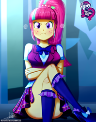 Size: 920x1160 | Tagged: safe, artist:the-butch-x, part of a set, sour sweet, equestria girls, angry, ass, blushing, breasts, butch's hello, butt, butt freckles, clothes, covering, crossed arms, crossed legs, crystal prep academy uniform, cute, equestria girls logo, female, freckles, grumpy, hello x, high heels, hmph, kneesocks, legs, looking at you, madorable, miniskirt, plaid skirt, pleated skirt, ponytail, pouting, school uniform, schrödinger's pantsu, scrunchy face, shoes, signature, sitting, skirt, skirt lift, socks, solo, sour seat, sour sweet is not amused, sourbetes, thighs, upskirt denied