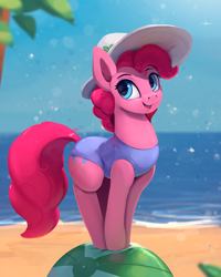 Size: 842x1050 | Tagged: safe, artist:rodrigues404, pinkie pie, earth pony, pony, beach, clothes, cute, diapinkes, female, hat, looking at you, mare, one-piece swimsuit, palm tree, smiling, solo, sun hat, swimsuit, tree, water