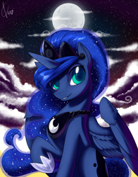 Size: 1800x2291 | Tagged: safe, artist:valcron, princess luna, alicorn, pony, cloud, cloudy, cute, ethereal mane, female, looking at you, mare, moon, night, raised hoof, solo, starry mane, starry night, stars