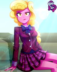 Size: 920x1160 | Tagged: safe, artist:the-butch-x, part of a set, taffy shade, equestria girls, background human, butch's hello, clothes, crystal prep academy uniform, equestria girls logo, female, freckles, hello x, legs, looking at you, plaid skirt, pleated skirt, raised eyebrow, school uniform, sitting, skirt, solo, thighs, unimpressed