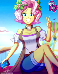 Size: 920x1160 | Tagged: safe, artist:the-butch-x, part of a set, vignette valencia, equestria girls, equestria girls series, rollercoaster of friendship, bare shoulders, beauty mark, breasts, busty vignette valencia, butch's hello, cellphone, cleavage, clothes, equestria girls logo, explicit source, female, hello x, legs, looking at you, peace sign, phone, signature, sitting, smartphone, smiling, solo