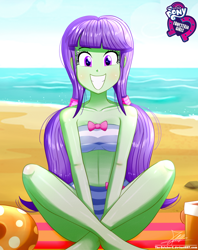Size: 920x1160 | Tagged: safe, artist:the-butch-x, part of a set, starlight, equestria girls, equestria girls series, background human, barefoot, beach, beach babe, bikini, bikini babe, bow, breasts, busty starlight, butch's hello, clothes, cute, equestria girls logo, feet, female, grin, hello x, looking at you, midriff, sitting, smiling, solo, swimsuit