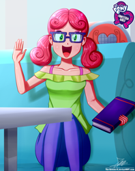 Size: 920x1160 | Tagged: safe, artist:the-butch-x, part of a set, alizarin bubblegum, coinky-dink world, eqg summertime shorts, equestria girls, background human, bare shoulders, book, butch's hello, clothes, cute, equestria girls logo, female, glasses, hello x, looking at you, open mouth, sitting, smiling, solo, waving