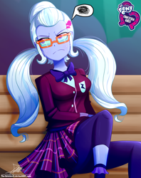Size: 920x1160 | Tagged: safe, artist:the-butch-x, part of a set, sugarcoat, equestria girls, friendship games, annoyed, butch's hello, clothes, crystal prep academy uniform, cute, equestria girls logo, female, frown, glasses, grumpy, hello x, leggings, pictogram, pigtails, plaid skirt, school uniform, signature, sitting, solo, tsunderecoat, twintails
