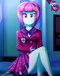 Size: 920x1160 | Tagged: safe, artist:the-butch-x, part of a set, sunny flare, equestria girls, friendship games, blushing, breasts, butch's hello, clothes, crossed legs, crystal prep academy uniform, cute, equestria girls logo, female, hello x, legs, lidded eyes, looking at you, miniskirt, plaid skirt, pleated skirt, raised eyebrow, school uniform, schrödinger's pantsu, scowl, signature, sitting, skirt, skirt lift, solo, sunny flare's wrist devices, thighs, unamused, upskirt denied