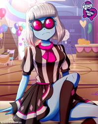 Size: 920x1160 | Tagged: safe, artist:the-butch-x, part of a set, photo finish, equestria girls, balloon, boots, breasts, busty photo finish, butch's hello, canterlot high, clothes, dress, equestria girls logo, female, glasses, hello x, legs, looking at you, schrödinger's pantsu, shoes, signature, sitting, skirt, skirt lift, solo, sunglasses, thighs, upskirt denied