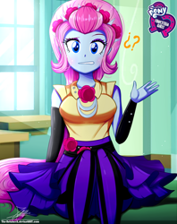 Size: 920x1160 | Tagged: safe, artist:the-butch-x, part of a set, violet blurr, equestria girls, rainbow rocks, breasts, busty violet blurr, butch's hello, clothes, confused, dress, equestria girls logo, female, hello x, looking at you, pantyhose, question mark, sitting, skirt, solo, ¿?