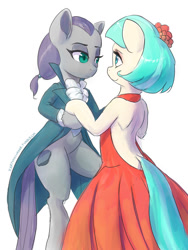 Size: 667x889 | Tagged: safe, artist:raikoh, coco pommel, maud pie, earth pony, pony, bipedal, clothes, dress, female, looking at each other, mare, simple background, smiling