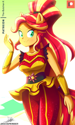 Size: 1120x1860 | Tagged: safe, artist:the-butch-x, sunset shimmer, dance magic, equestria girls, spoiler:eqg specials, beautiful, breasts, clothes, cute, dress, female, looking at you, patreon, patreon logo, ponied up, pony ears, ponytail, shimmerbetes, skirt, smiling, solo, super ponied up