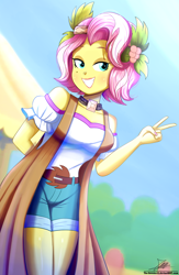 Size: 1020x1560 | Tagged: safe, artist:the-butch-x, vignette valencia, equestria girls, equestria girls series, rollercoaster of friendship, beauty mark, clothes, female, flower, flower in hair, grin, holly, nail polish, off shoulder, peace sign, shirt, shorts, signature, smiling, solo, thighs