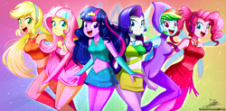 Size: 1460x720 | Tagged: safe, artist:the-butch-x, applejack, fluttershy, pinkie pie, rainbow dash, rarity, twilight sparkle, twilight sparkle (alicorn), alicorn, equestria girls, aisha, belly button, bloom (winx club), boots, breasts, charmix, clothes, commission, convergence, costume, crossover, crown, fairies, fairies are magic, fairy, fairy wings, female, flora (winx club), freckles, humane five, humane six, jewelry, layla, looking at you, magdalena krylik, magic winx, midriff, musa, necklace, open mouth, polish, regalia, shoes, shorts, signature, skirt, smiling, stella (winx club), tecna, voice actor joke, wings, winx club
