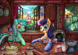 Size: 1222x863 | Tagged: safe, artist:jowyb, bon bon, lyra heartstrings, princess celestia, sweetie drops, alicorn, bird, pony, apron, baking, baking sheet, bon bon is amused, bon bon's baking cookies girls, bottle, calendar, clothes, cookie, cookie cutter, cookie dough, cooking, cupboard, dough, female, food, interior, mare, milk, mountain, open mouth, oven, oven mitts, ponyville, rolling pin, scale, sink, slice of life, smiling, spoon, toaster, tree, window