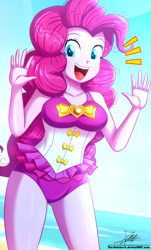 Size: 820x1360 | Tagged: safe, artist:the-butch-x, pinkie pie, better together, equestria girls, attached skirt, beach, beach babe, beautiful, bow swimsuit, clothes, cute, diapinkes, female, frilled swimsuit, one-piece swimsuit, pink swimsuit, signature, skirt, smiling, solo, swimsuit, thighs, tricolor swimsuit, underass