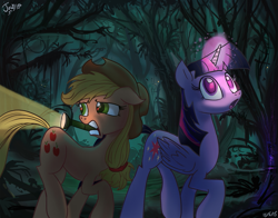 Size: 903x709 | Tagged: safe, artist:jowyb, applejack, twilight sparkle, twilight sparkle (alicorn), alicorn, earth pony, pony, female, flashlight (object), forest, glowing horn, lesbian, mare, mouth hold, shipping, twijack, twijack weekly