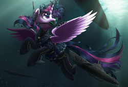 Size: 2000x1364 | Tagged: safe, artist:ncmares, twilight sparkle, twilight sparkle (alicorn), alicorn, boatpony, pony, clothes, giant pony, kantai collection, macro, shipmare, snorkel, solo, spread wings, submarine, u-boat, underwater, wetsuit, wings